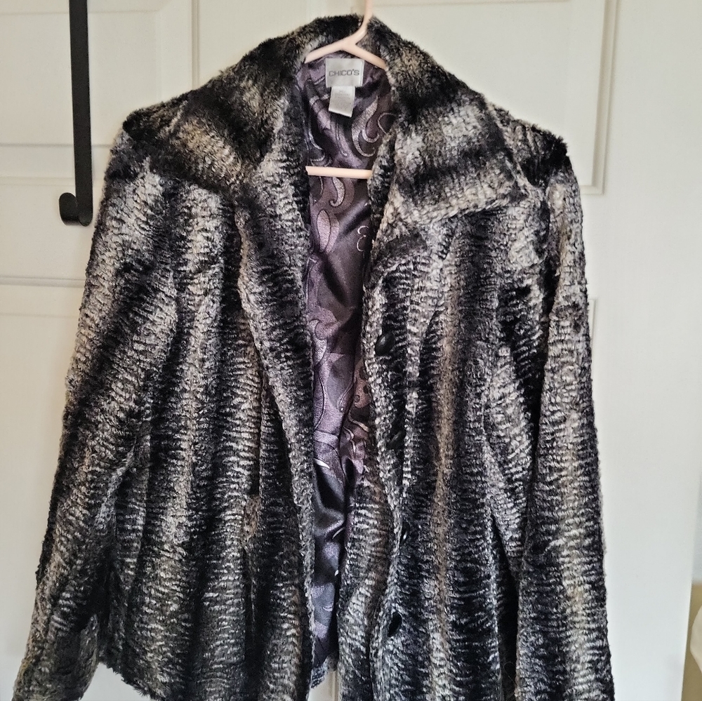 Chicos Black & Silver Faux Fur Jacket